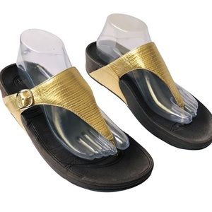 Fitflop Gold Snakeskin Print Flip Flop Thong Style Size 10 EUC